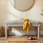 DM Furniture Ottoman Bench Upholstered Fabric Rectangle Entryway Bench, Tufted Piano Bench for 2 People, Rubber Wood Legs with Beautiful Carved Pattern for Bedroom/Living Room/Dining Room (Grey)