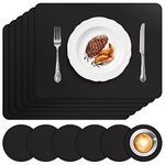 APLKER Placemats and Coasters Set of 6, Heat Insulation PU Leather Table Mats Waterproof Washable Dining Place Mats for Kitchen Indoor Outdoor Party - Black