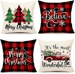 4TH Emotion Buffalo Check Christmas Pillow Covers 18x18 Set of 4 Red Black Farmhouse Christmas Decorations Winter Holiday Decor Throw Cushion Case for Home Couch S22C38