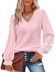 V Neck Tops for Women,Misyula Puff Long Sleeve Hollow Out Shirts Elastic Business Casual Blouses Ladies Party Club Dating Leisure Work Shirts Fall Fashion 2023 Light Pink L