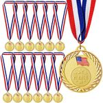 Juvale 12-Pack Gold Winner Medals for All Ages, Participation Awards with American Flag, 15.5-Inch Red, White, and Blue Ribbon for Sports, Tournaments, Competitions, Heavy-Duty (Metal, 2.75 in)