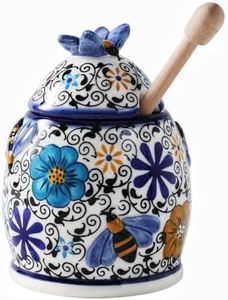 ZOOBEE 10oz Ceramic Honey Jar with Dipper Stick,Handpainted Honey Container for Storing Syrup,Small Mini Honey Pot with Bees,Disherwash Safe-Hidden Nook