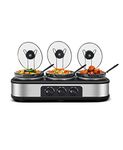 Triple Slow Cooker with Lid Rests, Breakfast Buffet Servers and Warmers with 3 X 1.5Qt, Tempered glass lids & 3 Adjustable Temp, Dishwasher Safe, Stainless Steel