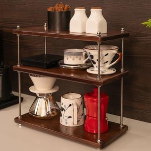 CheerNest Ultra-Thick 24mm Solid Wood Coffee Station Organizer&Spice Rack for Kitchen Countertop, Corner Industrial 3-Tier Adjustable Shelf with 10mm 304 Thread Rods for Espresso Gear, Walnut Finish