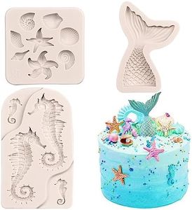 SAKOLLA Mermaid Theme Cake Fondant Mold - Seahorse Seashell Starfish Mermaid Tail Silicone Mold for Cake Decoration, Chocolate, Candy, Polymer Clay, Cupcake Decor, Sugar Craft