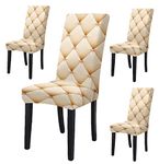 BRIDA Stretchable Floral Geometric Printed Dining Chair Covers Frill Skirt Elastic Chair Seat Case Protector, Slipcovers (4 Chair Cover, Cream Geometric)