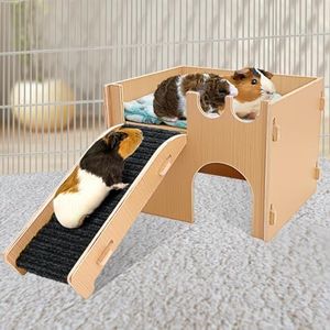 Mooydee Guinea Pig Castle Hideout, Wooden Hamster House with Stairs & Mat, Large Ventilated Guinea Pig Hut Habitat Bed with 2 Doors for Small Pet Chinchilla Bunny Hedgehog Gerbil Rat