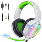 Krysenix PG2 Gaming Headset for PS4/PS5/PC/Xbox One, Ergonomic Design Over Ear with AI Stereo Microphone Sound, Computer Headset with 3.5mm Jack & RGB Light White/Green