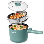 Topwit Electric Cooker with Steamer, 1.5L Ramen Cooker, Non-Stick Frying Pan, Cooking Pot for Pasta, BPA Free, Portable Pot with Dual Power Control, Over-Heating & Boil Dry Protection, Green