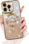 Fiyart Compatible with iPhone 13 Pro Case,Compatible with MagSafe Love Heart Plating Camera Protection Clear Phone Case, Magnetic Glitter for Women Girls Shockproof Back Bumper 6.1"-Gold