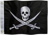 Pirate Flag - 12x18 Inch Outdoor Nylon Jolly Roger Banner with Embroidered Skull and Swords, Brass Grommets and White Canvas Header Boat Size