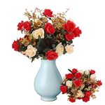 3 Bundles Artificial Flowers Rose Artificial Flowers Outdoor UV Resistant Plants Faux Plastic Greenery Shrubs Indoor Outside Hanging Planter for Home Wedding Office Table Decoration Gift Red