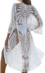 Blooming Jelly Women's Swimsuit Cover Ups Lace Floral Crochet Beachwear Long Kimono Cardigan - white - Medium