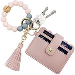 Wristlet Keychain Bracelet Wallet, Key Ring Silicone Bead Bangle, Tassel Card Pocket Key Chains for Woman, 01-Pink, 3.94"