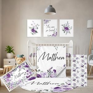 Terwex Personalized Baby Bedding Set - 5 Pcs Custom Toddlers Bedding Set with Infant Name - Soft Double Layer Nursery Crib Set for Girls Boys - Customized Infant Gifts for Baby Shower - Purple Flowers