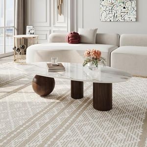 VAFON 54.3" Oval Coffee Table, Sintered Stone Coffee Table, White Minimalist Center Tea Table with Geometric Table Legs and Stone Top Table, Marble Coffee Tables for Living Room, Bedroom
