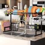 PUSDON Over Sink (26"-38") Dish Drying Rack, Adjustable Large Dish Drainer for Storage Kitchen Counter Organization, 2 Tier Stainless Steel Over Sink Dish Rack Display (Black, Sink Size≤37inch)