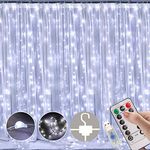 Curtain Lights, Fairy Lights for Bedroom, 300 Leds Cool White Twinkle Lights with 8 Modes USB Operated, Icicle LED String Lights with Remote and Timer for Indoor Xmas Party Home Patio Decoration(9.8 x 9.8 Ft)