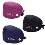 KOILLUXU 3PCS Adjustable Tie Back Working Hats Scrub Cap Medical Nurse Doctor Cap Surgeons Cap with for Womens & Mens with Buttons and Cotton Sweatband.(Navy Blue, Purple, Black)