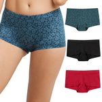 Maidenform Womens Microfiber Boyshort Underwear Pack, Full Coverage Boyshort Panties, 3-Pack, Urchin Teal Floral/Black/Camera Redy, Large