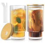 CWHHRN 16OZ Glass Cups with Lids and Straws, Vintage Ribbed Glassware for Whiskey Cocktail Beer, Iced Coffee Cups for Cute Gifts (2 Pack)