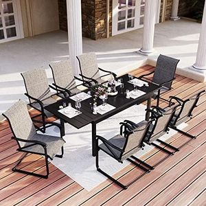 MFSTUDIO 9 PCS Patio Dining Set with 8 Spring Motion Sling Chair and 1 Expandable Heavy Duty Metal Table, Patio Dining Sets Patio Table and Chairs Set, Tan