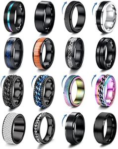 Kakonia 16Pcs Stainless Steel Band Rings for Men Women Fidget Anxiety Relief Rings Cool Chain Beveled Edges Celtic Black Band Spinner Rings Set for Wedding Promise Mens Rings Pack