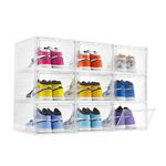 Thicken & Sturdy Clear Shoe Storage Boxes, 9 Pack Large Drop Front Shoe Organizer with Magnetic Door, Plastic Stackable Shoe Container for Sneaker Display, Fit up to US Size 12(13.4”x 10.6”x 7.4”)