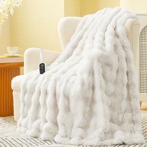 Amélie Home Heated Bubble Faux Fur Blanket Electric - 50"x60" Heating Blanket Throw 2/4/6/8 Hours Auto-Off 8 Heat Level Over-Heat Protection Electric ETL Certification Beige/Off White