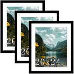 Picrit 20x24 Picture Frame 3 Pack, Black Poster Frame, Display Poster 16 x 20 with Mat or 20 x 24 Without Mat for Horizontal or Vertical Wall Mounting