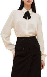 GOELIA Satin Work Blouses for Women 22MM Mulberry Silk Long Sleeve Dressy Casual Stretchy Shirts Round Neck Office Work Silk Business Blouse Tops with Detachable Bow