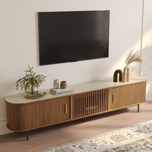 POVISON Fully-Assembled Sliding Tambour Door TV Stand, Mid Century Modern Sintered Stone TV Console, Wood Media Console for 85 Inch TV, Entertainment Center with Storage Cabinet(Walnut, 94.49")