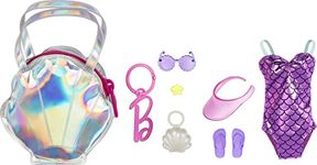 Barbie Clothes Set, Beach-Themed with Swimsuit, 5 Acessories & Zippered Doll-Sized Shell-Shaped Bag with Clip-On Ring, Iridescent