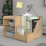 PUNCIA 4 Tiers Office Wood Desk Organizer Letter Tray A4 Paper Sorter Magazine File Holder with Vertical Horizontal Stationery Supplies Storage Box Desktop Binder Folder Mail Document Rack