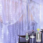 Aomig Curtain Lights, 3m x 3m 300 LED Curtain Fairy Lights 8 Modes String Lights, Waterproof Window Lights USB Powered for Indoor Outdoor Bedroom Wedding Party Garden (Cold White) …