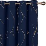 Deconovo Gold Wave Foil Print Blackout Curtains, 52W x 84L Inch, Navy Blue, 1 Pair, Grommet Light Blocking Room Darkening Curtain, Noise Reducing Window Drapes for Living Room Bedroom