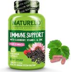 NATURELO Immune Support – Vitamin C, Elderberry, Zinc – Best Natural Vitamin C Boost with Antioxidant, Herbal & Mineral Defense - 60 Vegan Capsules | 2 Month Supply