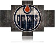 Old Vintage Picture for Living Room Dark Blue and Red Painting Printed on Canvas Edmonton Sign Ice Hockey Poster Wooden Look Artwork Home Decor 5 Panel Framed Ready to Hang(60Wx40H inches)