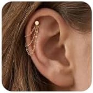 NOKMIT 14K Gold Earrings Chain Connectors,Triple Layered Set for Double Piercing (Gold Mirror-Link Chain)