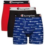 Champion Men's Boxer Briefs, Every Day Comfort Stretch Cotton Moisture-Wicking Underwear, Multi-Pack, Blue White Script Logo/Black/Red-3 Pack, S (Pack of 3)