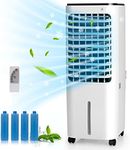 GOFLAME 4-IN-1 Evaporative Air Cooler Portable, Air Cooling Fan with 4 Ice Packs and Remote Control, 3 Speeds and 4 Modes, 12L Water Tank, 7.5H Timer, Quiet Swamp Cooler for Home Office