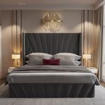 Aykah Fez Velvet Upholstered Tufted Bed, Fabric, Low Profile Platform, Metal Bed Frame with High Headboard, Wood Slat Support, Modern Design, Mattress Size (Grey, King (U.S. Standard))