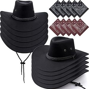 Coume 20 Pcs Cowboy Hats and Bandanas Bulk Adult Cowboy Cowgirl Hats Costume Party Rodeo Birthday Party for Men Woman(Black,Classic Style)