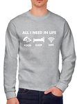 HotScamp All I Need in Life Food Sleep WiFi - Youth & Mens Sweatshirt - Funny Millennial Teenager Gamer Lazy M Grey