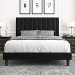 Allewie Queen Bed Frame/Velvet Upholstered Bed Frame with Vertical Channel Tufted Headboard/Strong Wooden Slats/Platform Bed Frame/Mattress Foundation/Box Spring Optional/Easy Assembly/Black