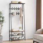 Coat Rack Shoe Bench with 10 Hooks, Hall Trees Entryway Bench with Storage, Multifunctional Hallway Organizer, Wood Look Accent Furniture with Metal Frame