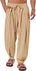 Gafeng Mens Linen Yoga Pants Summer Beach Loose Fit Casual Summer Elastic Waist Drawstring Tapered Trousers, Beige, Medium