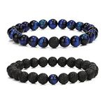 MengPa Mens Beaded Bracelets Couples Matching Bracelet Set Matte Lava Rock Beads for Women Fashioon Jewelry (Tiger Eye-Blue)