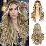 SAPPHIREWIGS Highlight Blonde 13x4 Lace Front Wigs Mixed Brown Hair Medium Length Loose Wavy Ombre Synthetic Fiber Wig for Women Daily Date Use 20 Inch