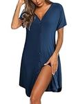 Ekouaer Women's Nightdress Short Sleeve Nightshirt Button Night Dress V-Neck Nighties S-XXL